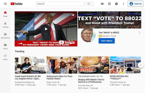 特朗普竞选团队购买选举日当天YouTube头条广告位